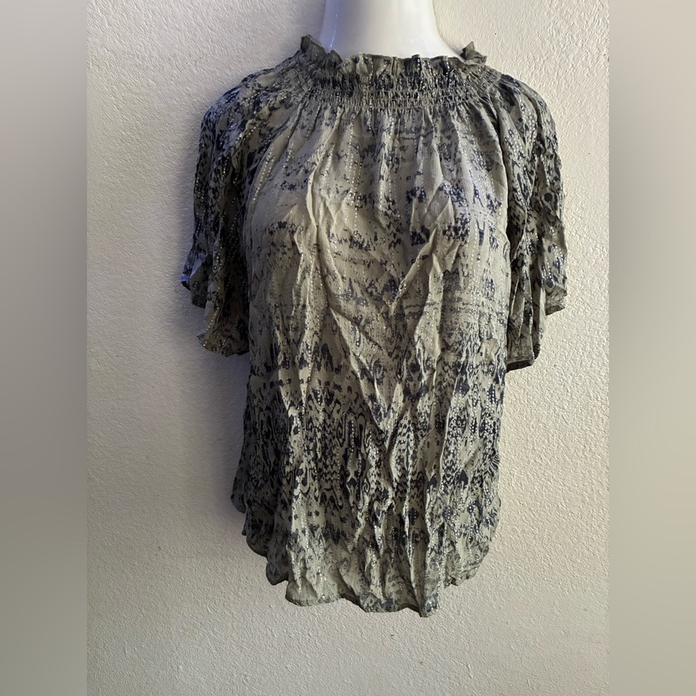 Zara Eoman Women’s Smocked Mock Neck Metallic Threads Blouse XS